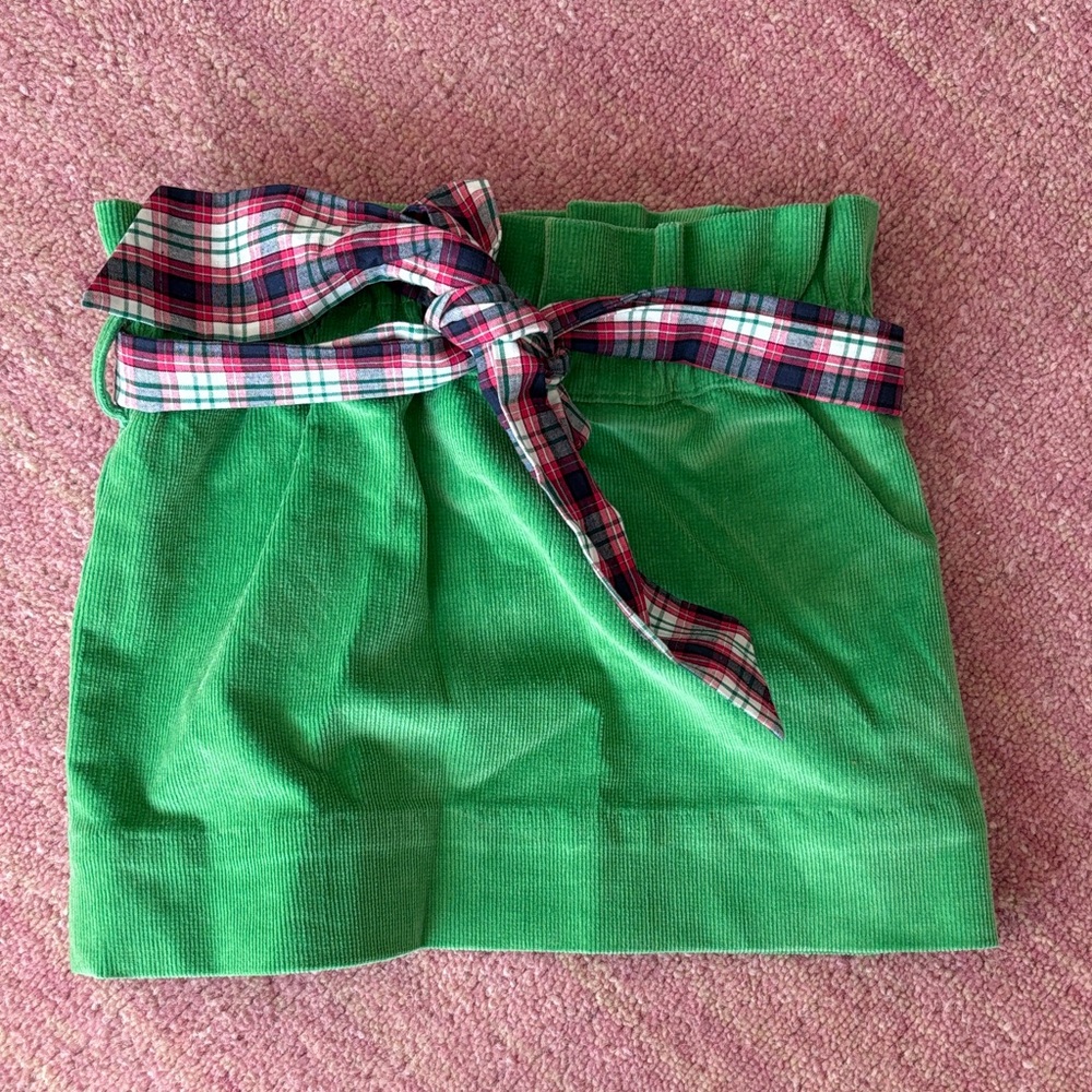The Beaufort Bonnet Company Green Corduroy Skirt with Plaid Ribbon